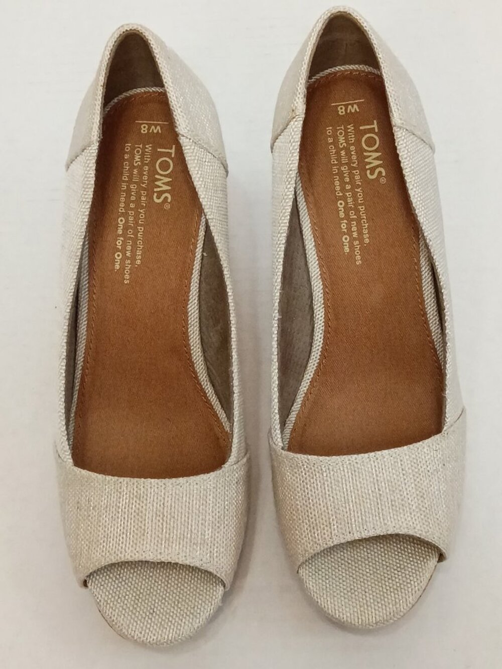 TOMS Stella Cream Tan Peep Toe Cork Wedges Size Women's 8